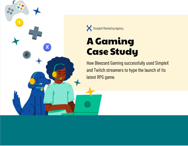 A imagem é um slide da capa da Simplex Marketing Agency para 'A Gaming Case Study'. Ele ilustra como a Bleezard Gaming usou com sucesso streamers Simplex e Twitch para promover o lançamento de seu mais recente jogo de RPG. O gráfico apresenta ícones coloridos relacionados a jogos, como um controlador de jogo e estrelas decorativas, e um personagem com fones de ouvido usando um laptop, sugerindo uma atividade de jogo ou streaming. O design é lúdico e vibrante, direcionado ao público gamer.