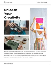 Black White Minimalist Creative Service Catalog Template - Página 1