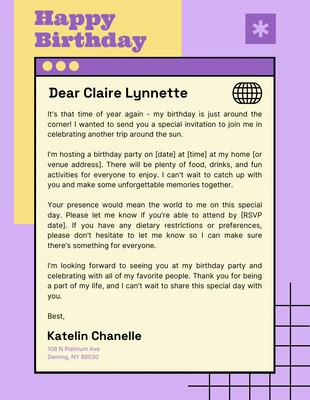 Free  Template: Carta intestata per compleanno viola e crema