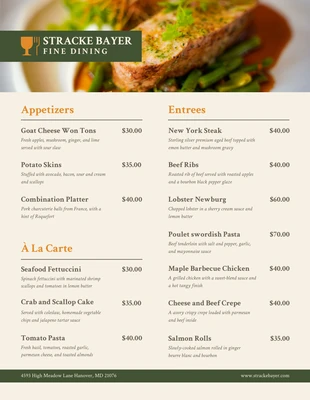 business  Template: Menu gastronomique de fantaisie moderne crème et vert