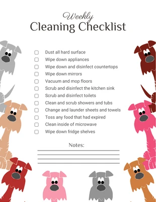 Free interactive Template: Lista di controllo per la pulizia settimanale del personaggio del cane minimalista bianco