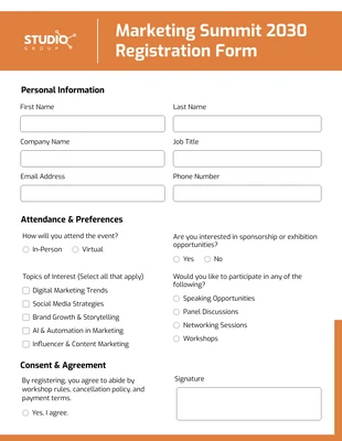 business interactive Template: نماذج تسجيل الأحداث الحديثة البسيطة باللونين الأبيض والبرتقالي