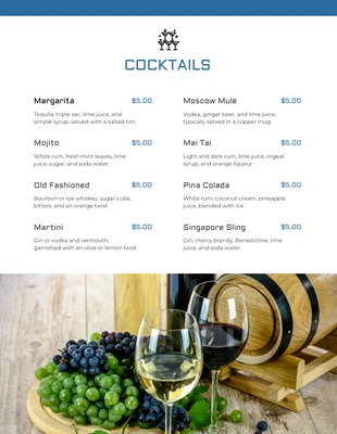 premium  Template: Menú De Bar De Cócteles Con Foto Simple En Blanco Y Azul