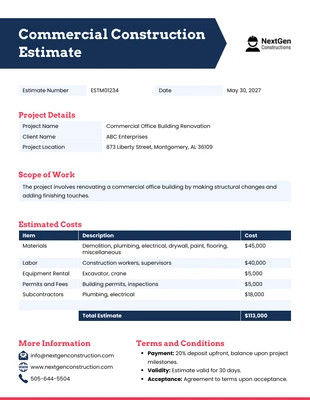 business  Template: قالب تقدير البناء التجاري
