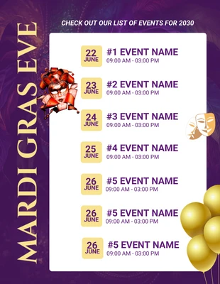 Free  Template: Modèle de calendrier d'événement Mardi Gras moderne et violet