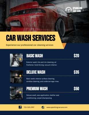business  Template: Lista de precios de lavado de autos azul marino y amarillo