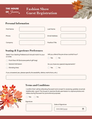Free interactive Template: نماذج تسجيل الأحداث الفنية الإنجليزية الحمراء