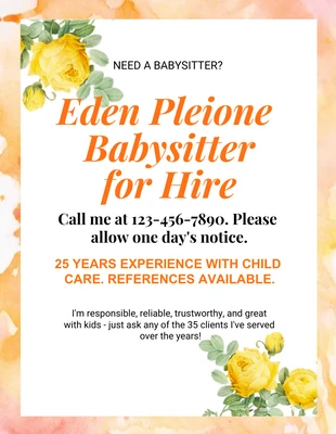 Free  Template: Volantino Babysitter arancione moderno ad acquerello