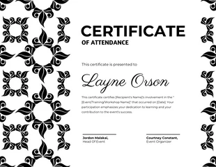 Free  Template: Certificat de fréquentation classique blanc et noir