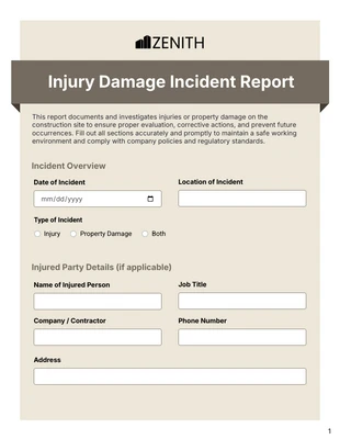 premium interactive Template: Rapport d'incident sur les dommages corporels dans le secteur de la construction