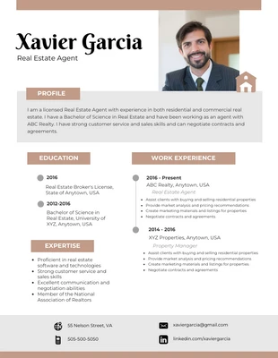Free  Template: Bianco e marrone curriculum immobiliare professionale minimalista