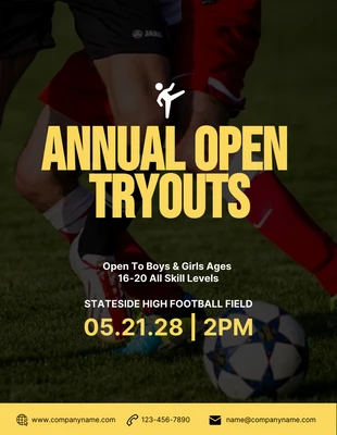 Free  Template: Poster di provini annuali di calcio aperti in nero e giallo