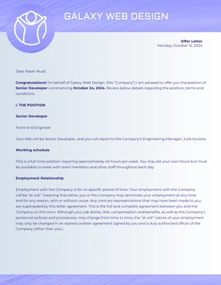 premium  Template: Carta de oferta de emprego para técnico da Web
