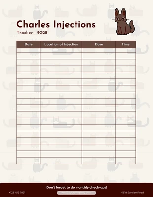 Free  Template: Plantilla de seguimiento del calendario de inyecciones para gatos marrones