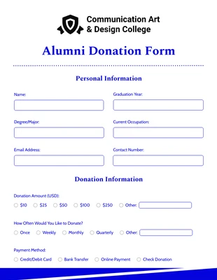 Free interactive Template: Sauberes, minimalistisches weißes und blaues Alumni-Spendenformular