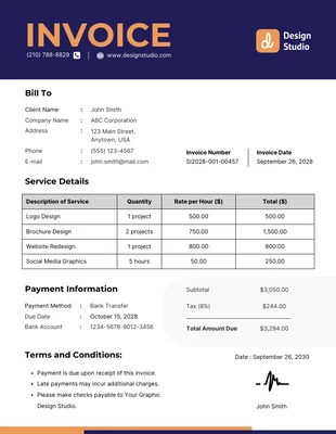 business  Template: Fattura di progettazione grafica semplice blu e arancione