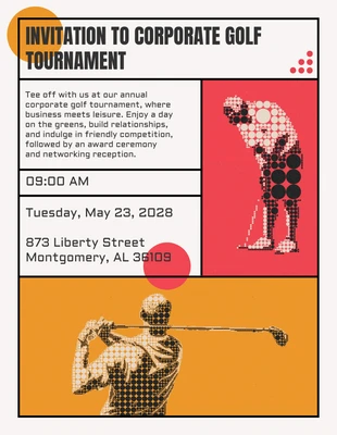 Free  Template: Beige Rouge et Jaune Rétro Classique Tournoi de golf Invitation à un événement d'entreprise