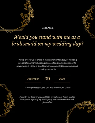 Free  Template: Invitation de demoiselle d'honneur simple noir et or