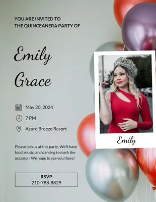 Free  Template: الحد الأدنى بالون الخلفية دعوة Quinceanera
