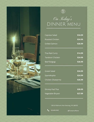Free  Template: Menu de Jantar Simples Verde Escuro da Meia-Noite