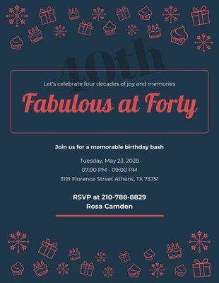 Free  Template: Einladung zum 40. Geburtstag in Marineblau und Rot