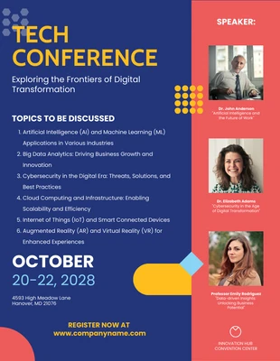 Free  Template: Modernes, verspieltes, professionelles Tech-Konferenzplakat in Marineblau und Rot