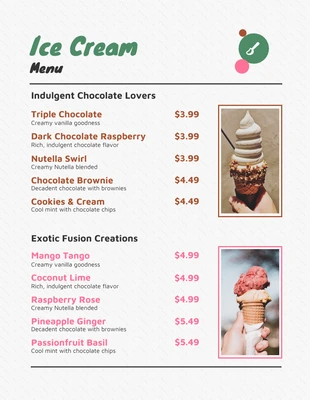 Free  Template: Menu simple de crème glacée de couleur crémeuse