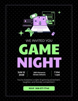 Free  Template: Lettre d'invitation à la soirée de jeu Dark Neon