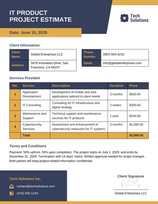 business  Template: قالب تقدير مشروع منتج تكنولوجيا المعلومات