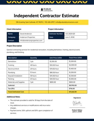 business  Template: Modelo de estimativa de contratante independente