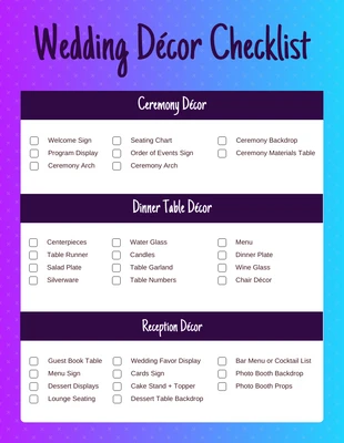 premium interactive Template: Liste de contrôle des décorations de mariage en dégradé