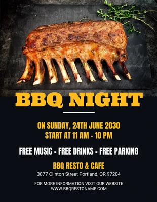 Free  Template: Folheto de churrasco noturno minimalista em preto e amarelo