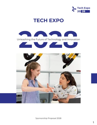Free  Template: Exposición tecnológica de propuestas de eventos limpios minimalistas en blanco y azul
