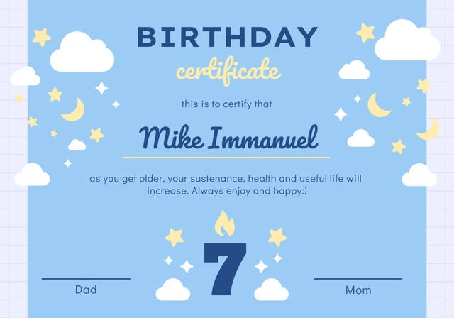 Certificado De Cumpleaños Con Ilustración Juguetona Azul Claro Template Plantilla de certificado de cumpleaños con ilustración juguetona de color azul claro