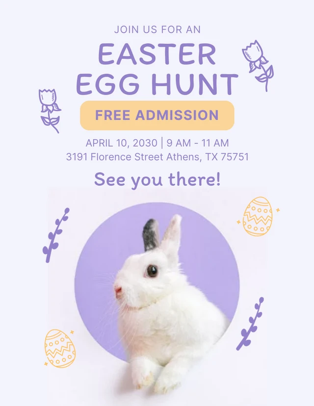 Cartel sencillo de caza de huevos de Pascua en lila y amarillo. Template Plantilla de cartel simple de búsqueda de huevos de Pascua en lila y amarillo.