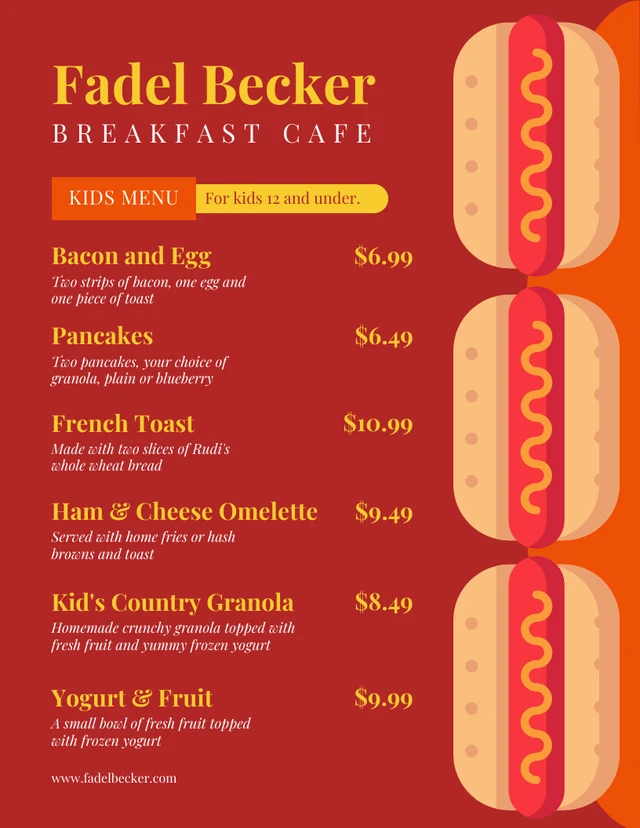 Illustrazione moderna rossa Menu per bambini per la colazione Template Illustrazione moderna rossa Modello di menu per bambini per la colazione