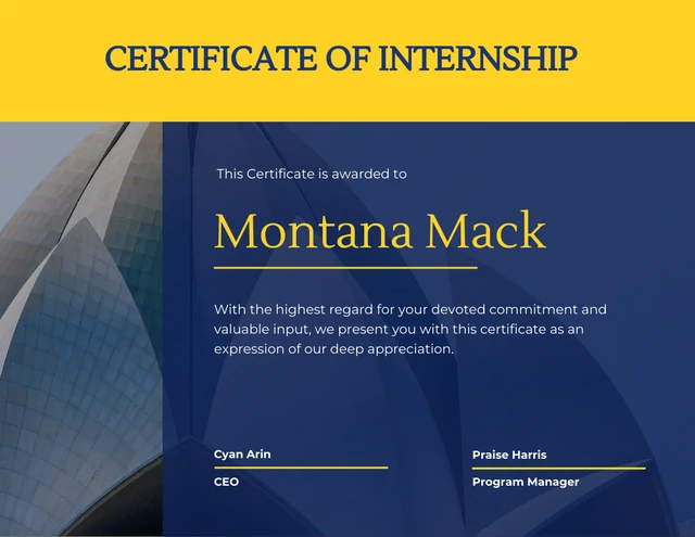 Certificato di tirocinio astratto blu e giallo Template Modello astratto di certificato di tirocinio blu e giallo