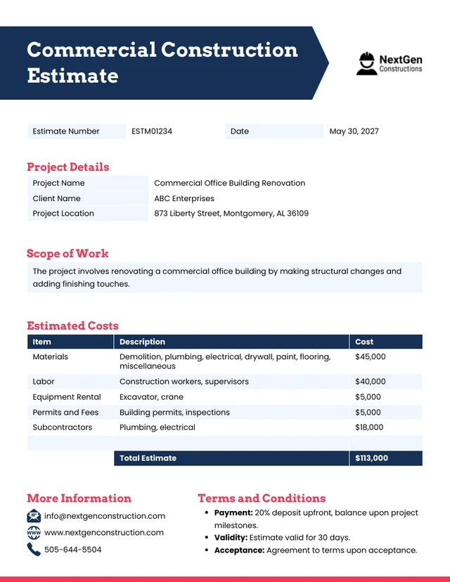 Commercial Construction Estimate Template Commercial Construction Estimate Template