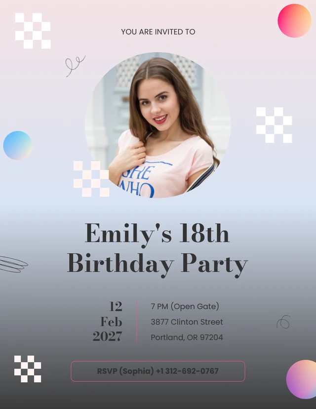 Convite minimalista de 18 anos gradiente azul e rosa Template Modelo de Convite de Aniversário de 18 Anos Minimalista Gradiente Azul e Rosa