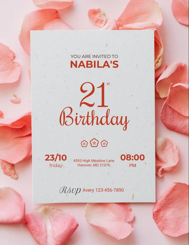 Rosa einfache Foto-Einladung zum 21. Geburtstag Template Rosa einfache Foto-Einladungsvorlage zum 21. Geburtstag