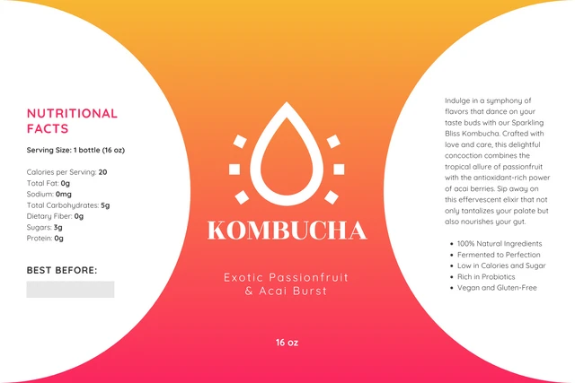 Étiquette Pour Bouteille D'eau De Boisson Kombucha Dégradé Template Modèle d'étiquette de bouteille d'eau de boisson Kombucha dégradé