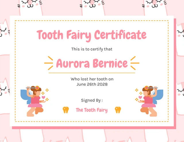 Certificat de fée des dents de modèle moderne mignon rose clair Template Modèle de certificat de fée des dents de modèle moderne mignon rose clair
