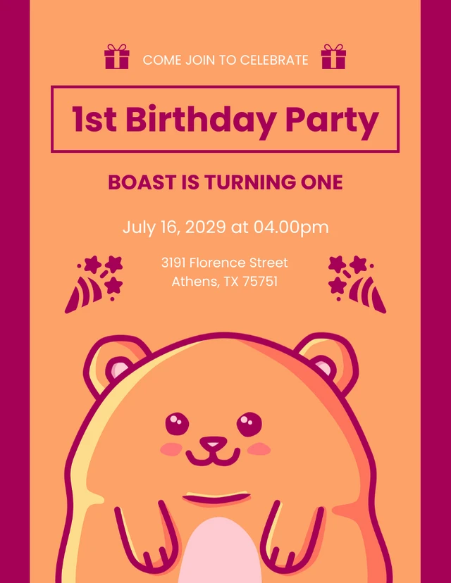 Ilustração fofa de hamsters brincalhões roxo e laranja Convite de 1º aniversário Template Roxo e laranja Ilustração fofa Hamsters brincalhões Modelo de convite de 1º aniversário