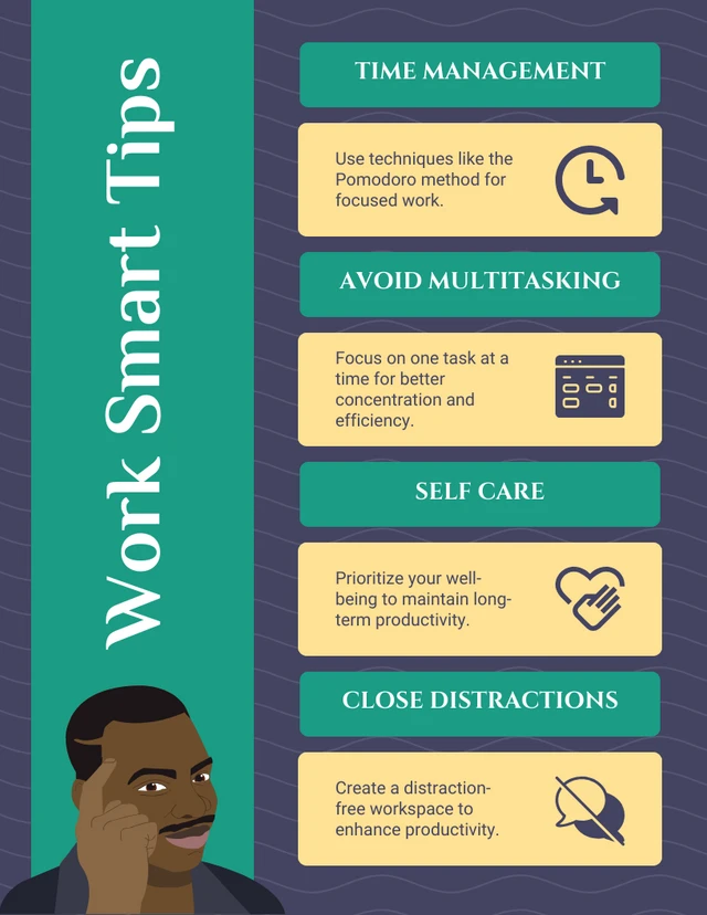 Ilustração minimalista azul e verde-azulado funciona com dicas inteligentes pôster infográfico Template Ilustração minimalista azul e verde-azulado funciona com dicas inteligentes modelo de pôster infográfico