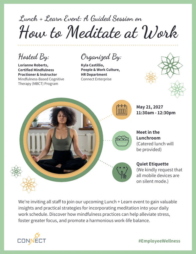 Folheto do Evento Meditação no Local de Trabalho para Mindfulness Template Modelo de Folheto de Evento de Meditação no Local de Trabalho para Mindfulness