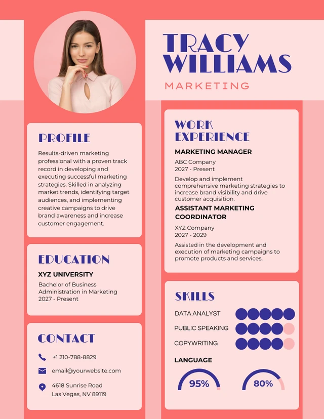 استئناف Infographic التسويق الوردي والأزرق Template قالب سيرة ذاتية للتسويق باللونين الوردي والأزرق