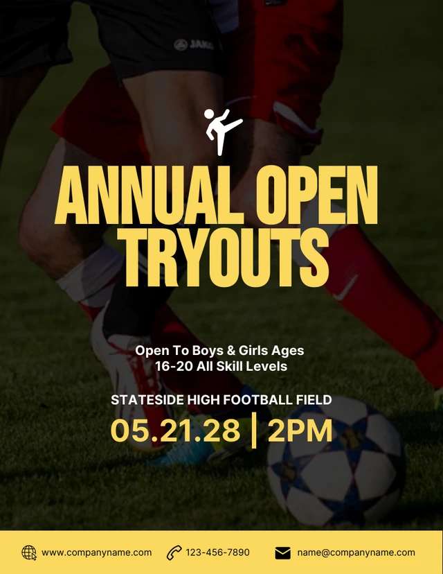 Pruebas abiertas anuales de fútbol en negro y amarillo Póster Template Plantilla de póster - pruebas anuales de fútbol abiertas en negro y amarillo