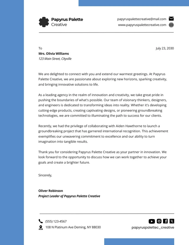 Papier à en-tête créatif minimaliste blanc et bleu Template Modèle de Papier à en-tête créatif minimaliste blanc et bleu