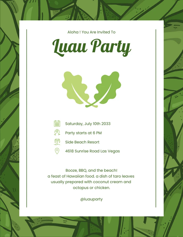 Verde y Blanco Ilustración Minimalista Moderna Invitación Fiesta Luau Hoja Template Verde y blanco Ilustración minimalista moderna Plantilla de invitación a la fiesta Luau de la hoja