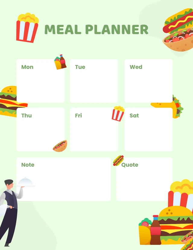 Planejador de Refeições Verde Claro Template Modelo de Planejador de Refeição Verde Claro